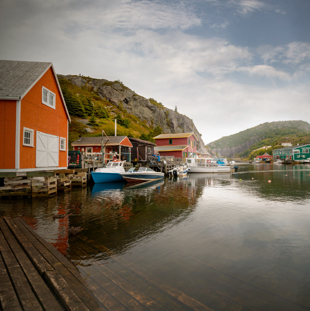 Boats docked by houses which overlook the water in Quidi Vidi, St. John’s