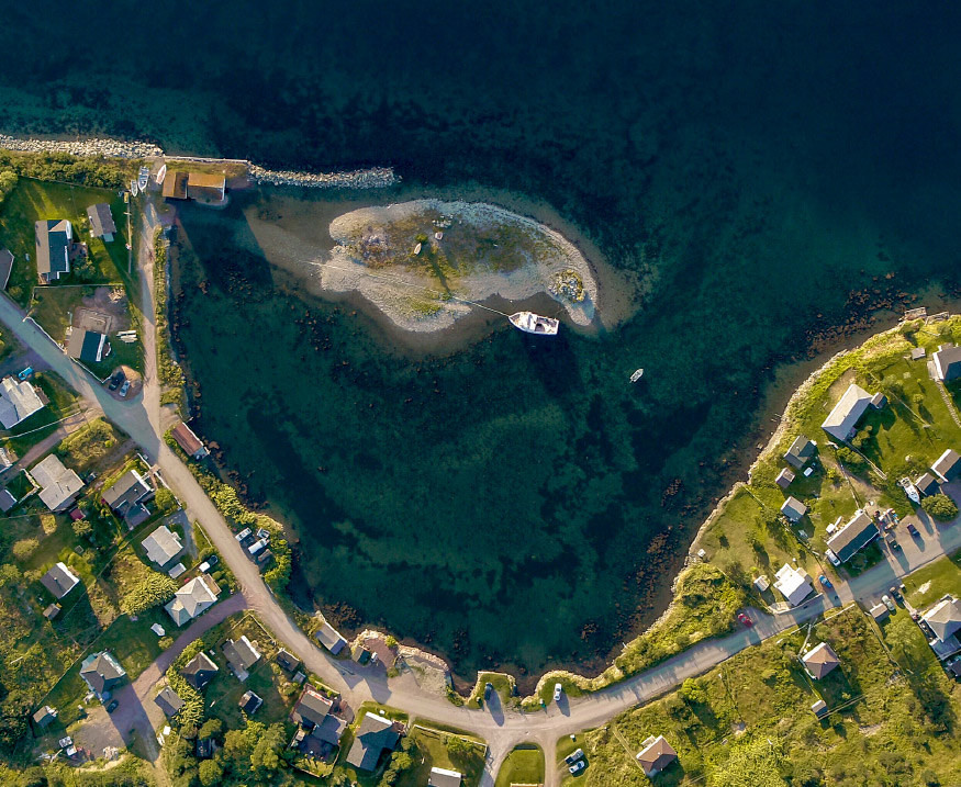Overhead view of Port au Bras, with beautiful homes by the waterfront