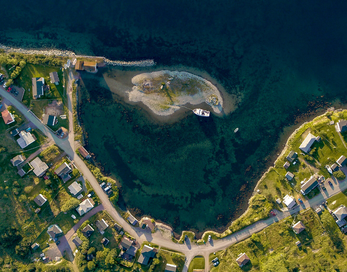 Overhead view of Port au Bras, with beautiful homes by the waterfront